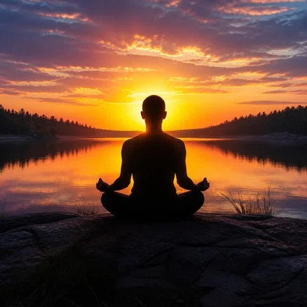 Silhueta de pessoa meditando ao pôr do sol